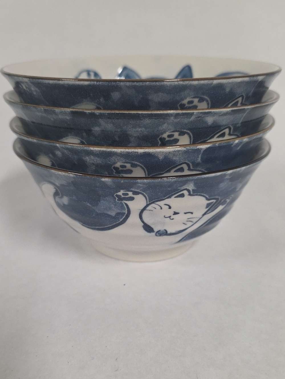 NWT Set Of (4) Kyoto Hospitality Blue & White Lucky Cat Rice Porcelain Bowls